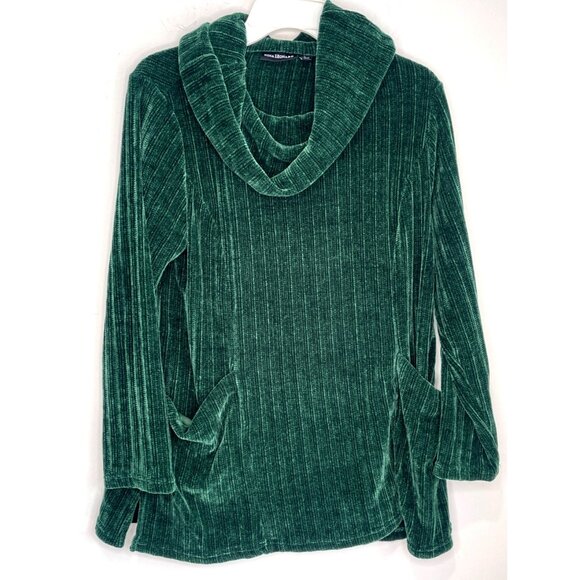 Nina Leonard Velour Cowl Neck Tunic Sweater Green Top Size Large - Picture 1 of 7